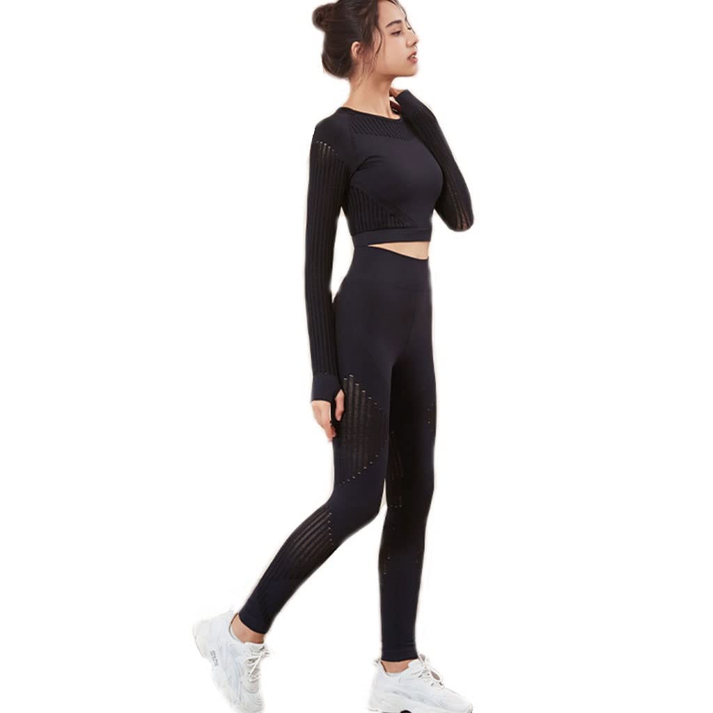 HSQMA Top da Donna A Maniche Lunghe con Ritaglio Camicie da Yoga Slim Fit Palestra Camicie da Ginnastica con Foro for Il Pollice, Set Fitness Sportivo in 2 Pezzi per Donna