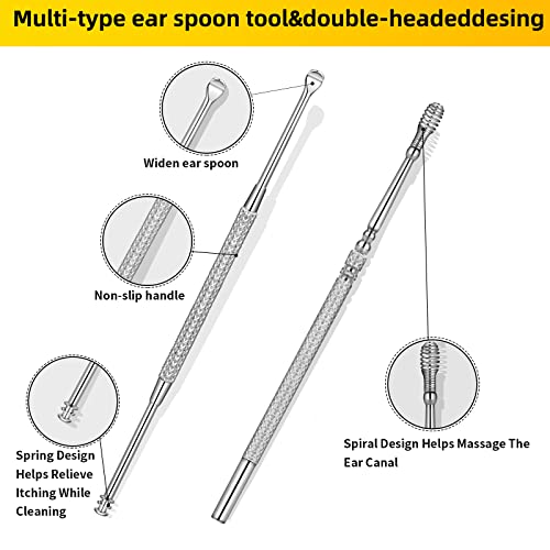 9 Pcs Ear Pick Earwax Removal Kit, Ear Cleansing Tool Set, Ear Wax Removal Tool, Ear Curette Ear Wax Remover Tool with a Cleaning Brush and Storage Box, Medical Grade, for Children and Adults,Silver