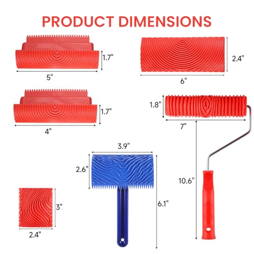 Serplex® 6Pcs Wood Graining Tool Set, Wood Grain Roller Painting Tool with Handle, Paint Roller Tool Kit Multi Sizes Rubber Graining Roller Tools for Wall, DIY Wooden Craft, Art Painting