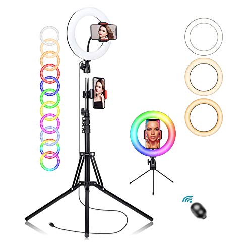 10.2 RGB Selfie Ring Light, 13 Colors RGB LED Ring Light with 2 Tripod Stand and 2 Phone Holder & 10 Brightness Level with Bluetooth Remoter for Live Stream/Make Up/YouTube/TikTok/Photography