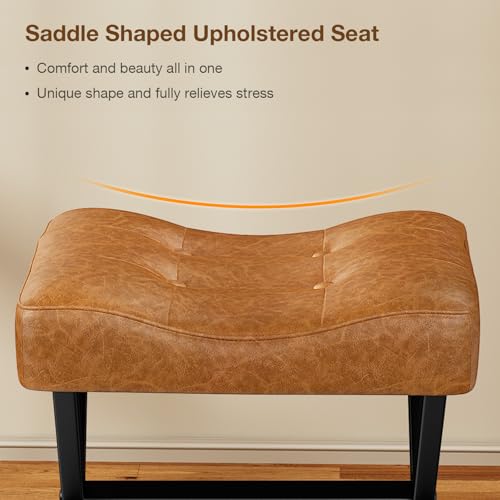 Image of Memobarco 18-Inch Large Leather Vanity Stool, Vanity Chair with Metal X-Leg, Ottoman Accent Stool with Thick Padded Saddle Seat, Brown