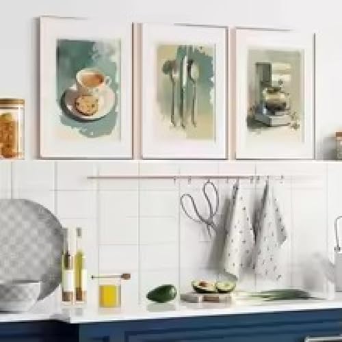 Impressions de cuisine vintage triptyque bleu vert beige 40x60cm avec cadre XBTYKPB
