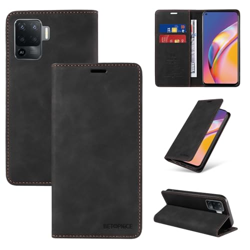 �E�H���b�g�P�[�X Oppo A94 4G/F19 Pro/Reno 5F/Reno 5 Lite �P�[�X �J�[�h�z���_�[�t���t���b�v�J�o�[ RFID �u���b�L���O�ی샌�U�[�P�[�X �ϋv���̂���ϏՌ��J�o�[(Black)
