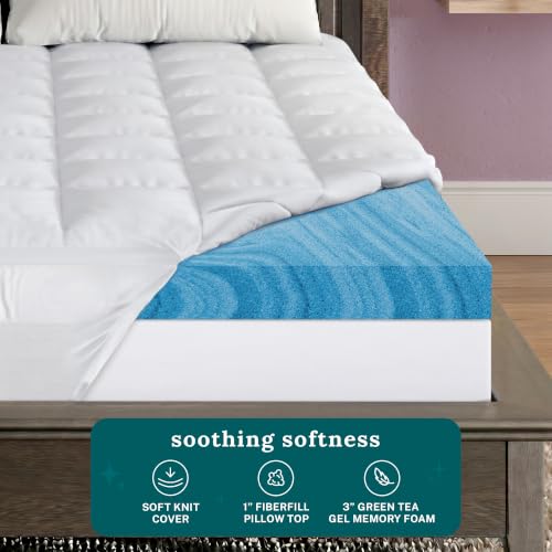 Image of Sleep Innovations 4 Inch Pillow Top & Green Tea Gel Memory Foam Mattress Topper, King, Medium Plush Feel, Pressure Relief, for All Sleep Positions