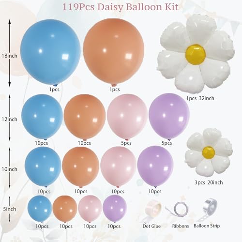 Image of 119Pcs Blue Peach Balloon Garland Arch Kit with Pastel Purple, Pink, Daisy Flower Balloons, Perfect for Girls' Birthday Decorations, Puppy-Themed Party Supplies, Dog Party