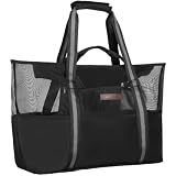 [Puddle Pop] メッシュバッグ 大容量 46L【家族の荷物まるごとOK】ファスナー付き 仕切り付き ビーチバッグ プールバッグ トートバッグ 防水 メッシュ レジャー アウトドア まるごトート ブラック