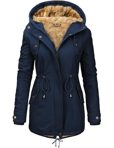 Vancavoo Manteau Femme Hiver Chaud Parkas Blouson Veste Polaire à Capuche Casual Doudoune avec Zippé,Bleu marine,M