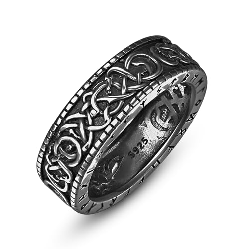 Black Viking Rings for Men Rune Nordic Mens Ring Sterling Silver Size 8