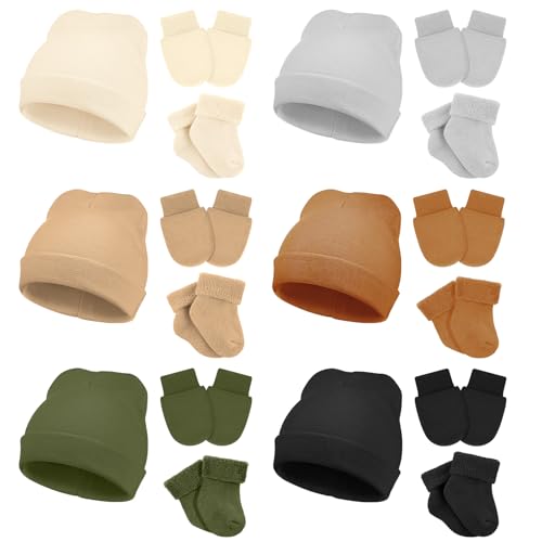 Image of Toulite 6 Pack Preemie Newborn Hats Mittens and Socks Set Cotton Beanie Hats Socks and No Scratch Mittens