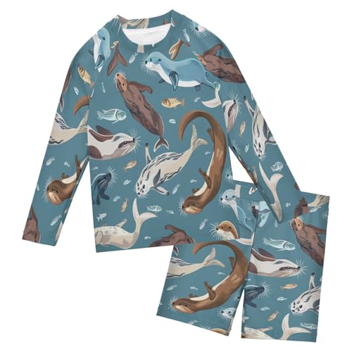 Otter and Fishes Boys Swimsuit Rash Guard Toddler Kids Long Sleeve Swim Shirt and Trunks Swimwear Set 3-10Y