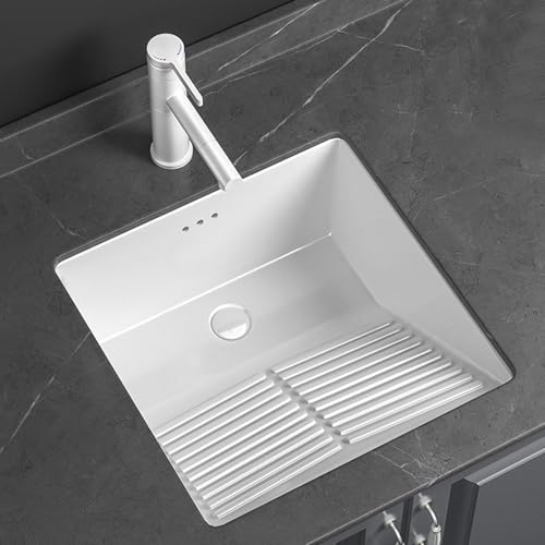 Pila Lavadero de Baño Bajo Encimera, de Cerámica, con Tabla de Lavar Integrada, Fregadero con Kit de Desagüe, para Tocador o Lavadero(555x460x220mm)