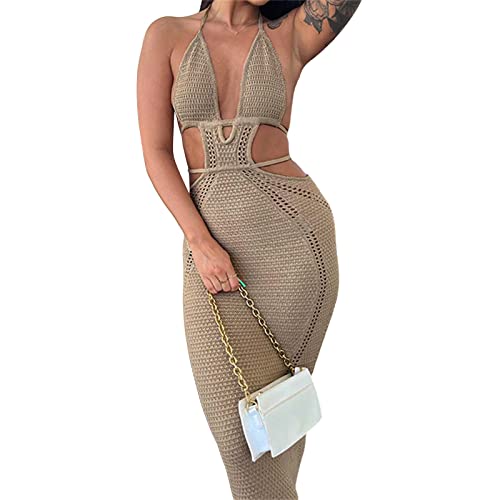 Image of NUFIWI Women Backless Hollow Out Long Dress Sexy Knitted Maxi Dress Bodycon Spaghetti Strap Cocktail Party Midi Dress