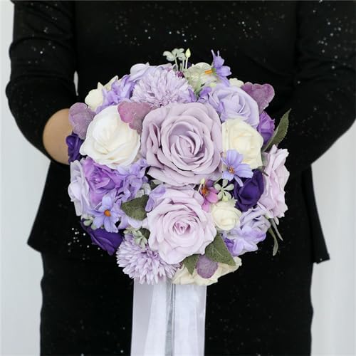 Jiyohai Artificial Purple Flowers Wedding Bouquet for Bride Bridesmaid Small Tossing Bouquets for Wedding Bridal Shower Home Decoration (Purple)