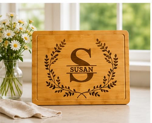 Tabla de Cortar de Bambú con Monograma Personalizado y Borde de Hiedra, Estilo S6, 11" x 13.75", Tabla de Cocina Personalizada para Aniversario, Bienvenida al Hogar, Cumpleaños y Bodas miniatura 6