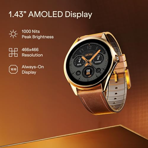 Image of boAt Ultima Aeris 1.43 inch AMOLED Display, 1000 nits Brightness, Ultra Slim 8mm Metal Build, IP68, Auto HR & SpO2 Monitoring, Sleep & Stress Tracking, Stylish Smartwatch for Men & Women(Tan Brown)