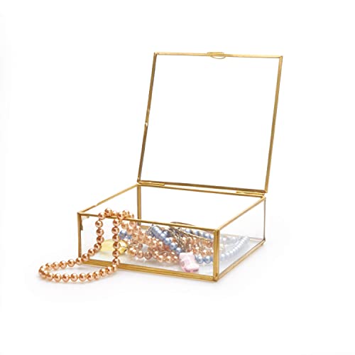 Art India Collections Square Glass Jewelry Box, Vanity Box Colour – brass (size – 6x6x2 inches) (Handmade & Brass and Mirror Material)