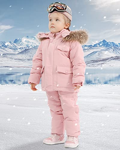 YUEMION Toddler Girl Snowsuit 2Pcs Kids Down Jacket Winter Hooded Coat +Snow Bib Pants Kids Windproof Skiing Suit (2T/6T)2