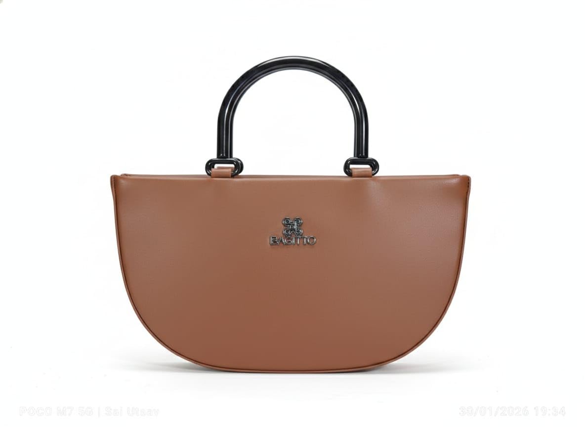 Women's Half Moon Handbag with Black Handles, Tan Brown Faux Leather Shoulder Bag with Detachable Strap