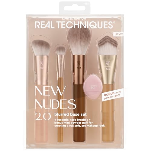 Real Techniques New Nudes Blurred Base Kit, Set 5 Pinceaux Teint avec Houpette, pour Fond de Teint, Anti-Cernes, Blush, Contour & Poudre, Fibres Douces,...