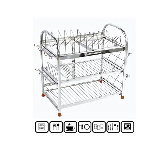 Image of AMOL Premium Stainless Steel 3-Tier Dish Rack | Kitchen Rack for Utensils, Plates & Glasses | Wall Mount & Countertop | Rust-Proof Kitchen Stand | Size- 18x18x11 inches (RW21-18x18x11)