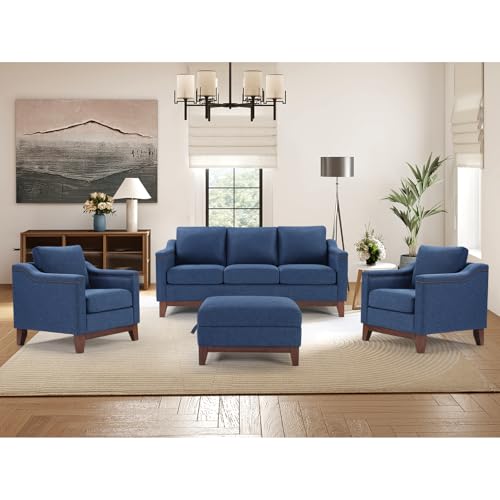 Image of HAOMARKETS 4 Piece Chenille Sofa Set with Nailhead Trim, Included Upholstered Accent Chair Set of 2 with Thicked Cushion, 3 Seater Couch and Storage Ottoman with Flip-Top Table for Living Room, Blue
