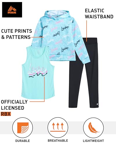 Image of RBX Girls Pants Set - 3 Piece Active Fleece Tank Top Pullover Girls Hoodies and Kids Leggings Athletic Set (7-14)
