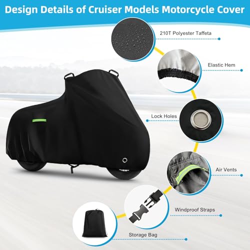 Image of Motorcycle Cover Waterproof for Cruiser Models /Softail Standard /Iron 883 /Heritage Classic 114 /Fat Boy 114, All Weather Sun Rain Outdoor Protection Motorbike Cover with Soft Cotton Lining & Storage Bag
