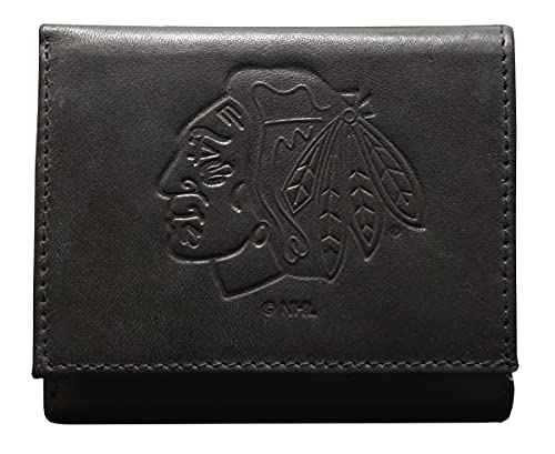 Rico Chicago Blackhawks NHL Distressed Look Embossed Logo Black Leather Trifold Wallet