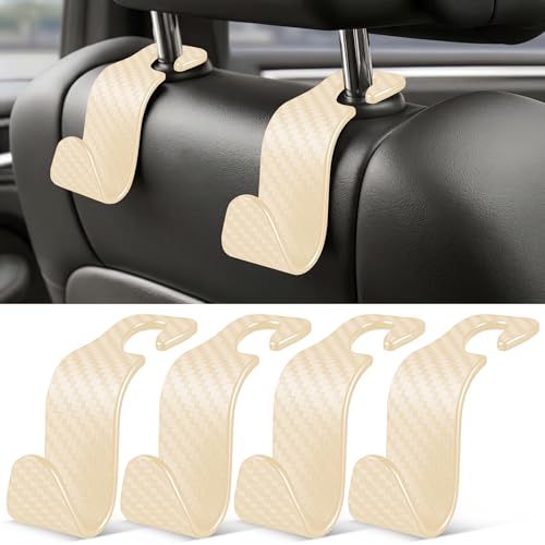 Image of SINGARO Universal 4 Pack Car Seat Headrest Purse Hook, Carbon Fiber Back Seat Hook Storage Organizer Hanger for Purse Handbag Coat, Car Interior Accessories(Beige)