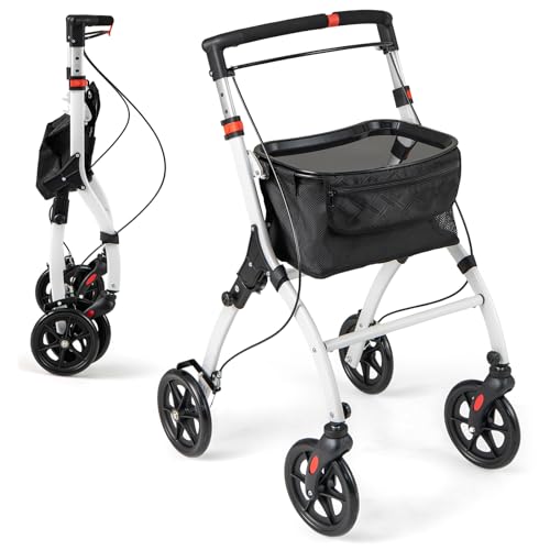 GYMAX Folding Rollator Walker with Tray and Basket