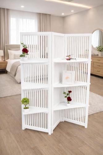 Image of Wooden Room Divider Partition Wall Privacy Divider Freestanding Folding Panels with 3 Display Shelves | Partition for Living Room, Bedroom & Office | (6 Feet 3 Panel Brown White with Shelve)