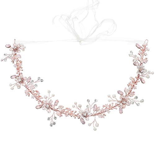 Luxshiny Diadema de Vides de Novia de Cristal Perla Flor Hoja Tiara Tocado Elegante Tocado de Boda Accesorios para El Cabello con Cinta para Dama de Honor Niñas de Flores (Oro Rosa) Cover