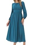 Seta T Robe Longue trapèze plissée en Mousseline de Soie pour Femme, col Rond, Manches Longues, Lanterne, Formelle Bleu lac M