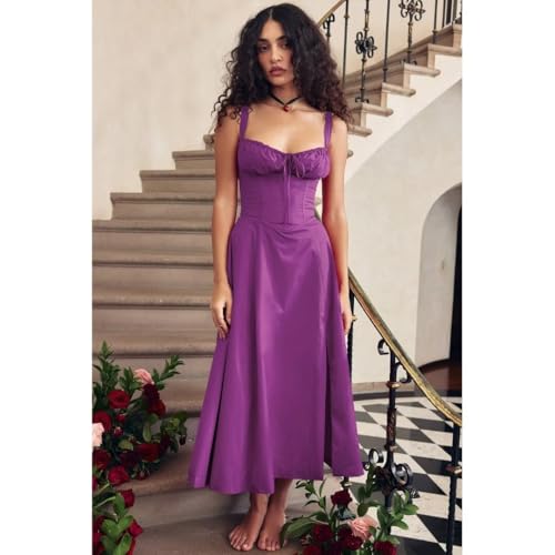 Image of Floral Corset Midi Dress Square Neck A Line Dress with Slit | Square neck floral midi dress with front tie bust wide straps A-line skirt side slit and lightweight fabric