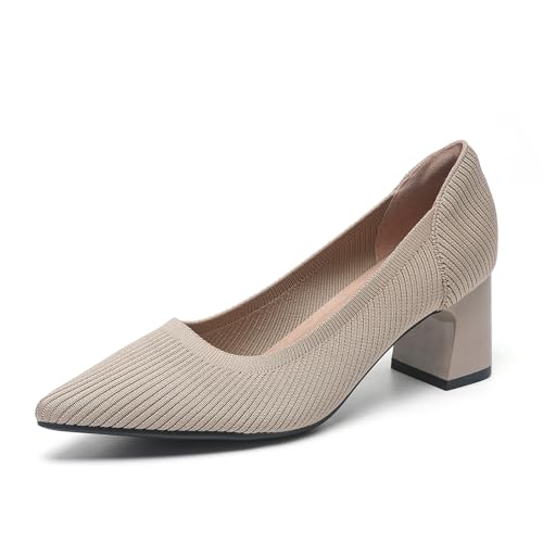 Women's Knitted Striped Pointed Toe Chunky Heel Pumps Elegant Slip On Lightweight Breathable Stretchy Knit Comfort Mid Block Heel Dress Work Shoes for Office Casual Walking Dating