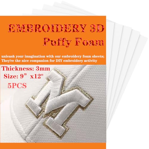 JIYUANCH- 5PCS Embroidery Puffy Foam 9x12 Large Size 3MM Creating 3D Embroidery Effect for Caps Garments Jackets Bags Backpacks and More - White