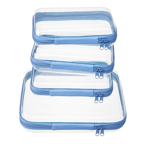 Image of WELPIRT 4 pcs Clear Zipper Pouches,Hard Shell Zipper Case, Toiletry Bag for Travel, CLear Diaper Bag, Toiletry Pouch, Travel Organizer, Cosmetic Bag,Toy Storage Bins (M+3S) (Blue)