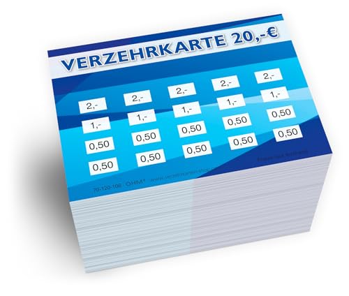 250 Verzehrkarten DIN A7 Gesamtwert 20 Euro praktische Alternative zu Wertmarken für Vereine Gastronomie etc. einfaches bargeldloses Bezahlen