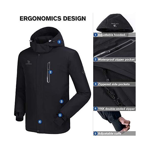 CAMEL CROWN Men's Mountain Snow Waterproof Ski Jacket Detachable Hood Windproof Fleece Parka Rain Jacket Winter Coat Black XXL - Image 6