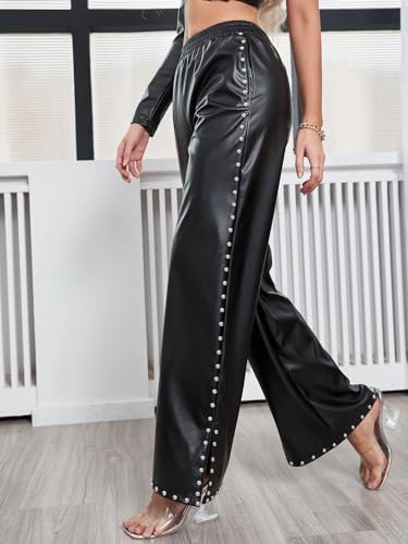 Women's Wide Leg Faux Leather Pants Rivets Pearls Elastic Waist Beggy Trousers with Pockets3