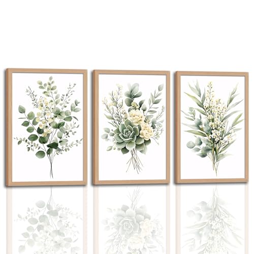 3Pcs Framed Vintage Botanical Wall Art Plant Floral Watercolor Canvas