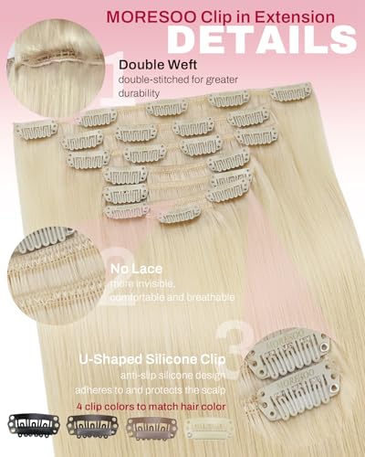 Image of Moresoo Blonde Hair Extensions Clip ins Light Blonde Long Human Hair | Clip in hair extensions human hair, light blonde, 24 inch 120g 7pcs for soft straight long styles