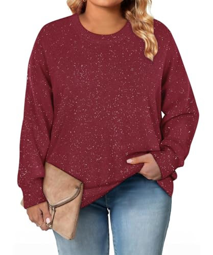 Image of CARCOS Plus Size Sweaters for Women Solid Crew Neck Knit Tops Casual Long Sleeve Pullover Sweater Sparkly Tunic Shirts