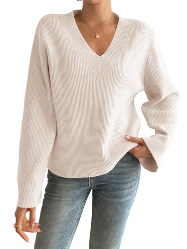 Yousify Womens V Neck Oversized Sweaters Long Sleeve Knit Pullover Trendy Casual Chunky Sweater2