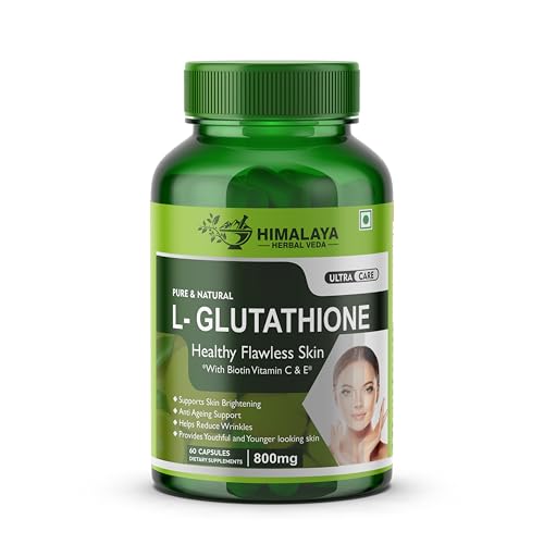 Himalaya Herbal Veda Plant Based L-Glutathione 800mg Capsules | Skin Whitening & Anti-Aging Supplement With Vitamin C, E, Grape Seed Extract & Biotin | Antioxidant Support - 60 Veg Capsules Deal