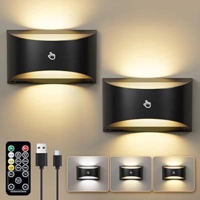 Brightown Magnetic Wall Sconces Set of Two, Rechargeable Battery Powered Wall Sconce with Remote Control, 3 Colors Wireless Up and Down Wall Mount Light for Hallway Bedroom Bedside Living Room (Black)