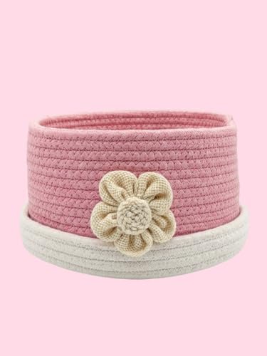 Image of Round Cotton Storage With Lid Gift Basket for Closet Wardrobe Packing, Wedding Organizer, Eco- Friendly Bins Organizer (Pink and White) for Home, Office with Handcrafted Jute Flower.