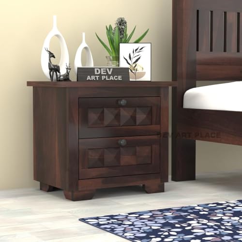 Image of Solid Sheesham Wood Bedside Table for Bedroom | Handmade Pure Wooden Bed Side Nightstand End Table with 2 Drawers Storage for Home & Bed Room | Rosewood, Walnut