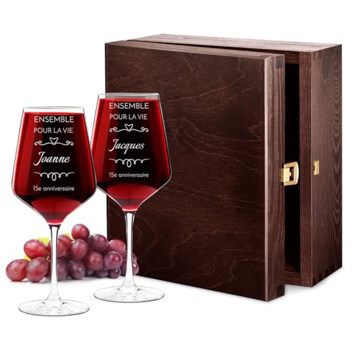 Maverton Set de 2 verre a vin en Cristal - Verres gravés 530 ml - Verres XL Cadeau Personnalisé - Cadeau couple - Set a vin pour parents - cadeau anniversaire de mariage - Noel - Vie