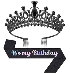 Birthday Tiara and Crown with Sash, Birthday Tiara for Women Party (Black)